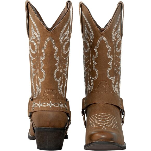 J's.o.l.e Women Brown Western Cowboy Boot Square Toe With Removable Buckle Strap - Picture 2 of 9